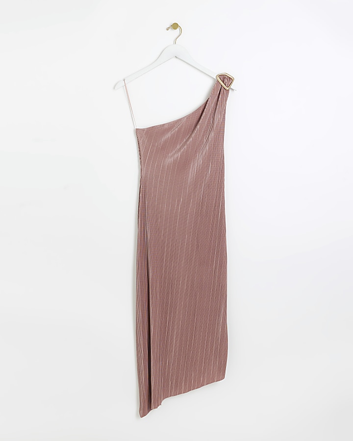 Pink plisse asymmetric bodycon midi dress