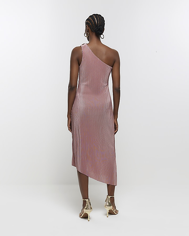 Pink plisse asymmetric bodycon midi dress