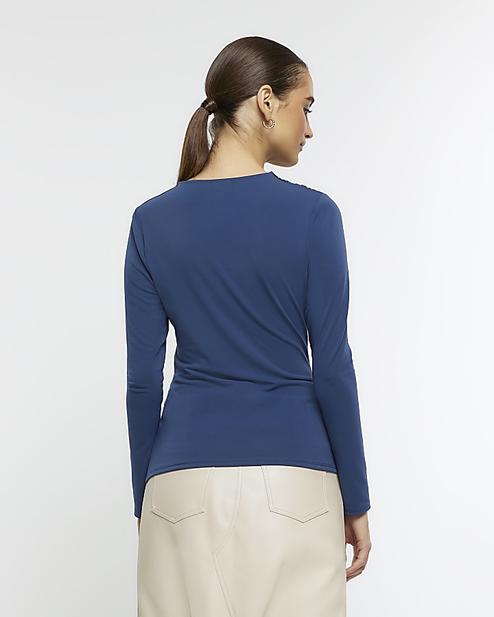 Navy ruched long sleeve top