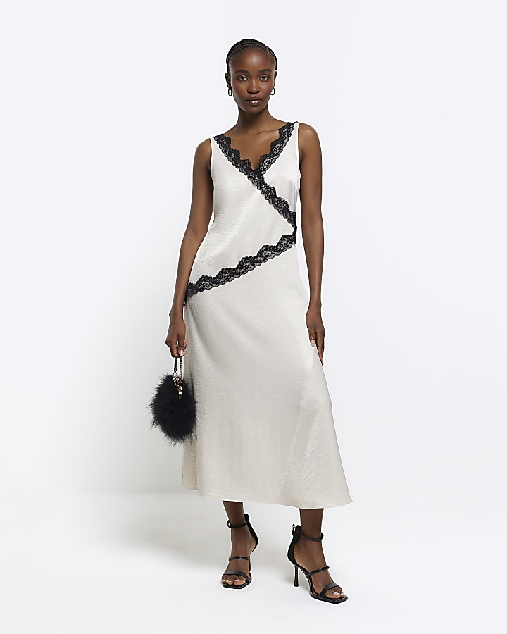 Cream lace trim slip midi dress