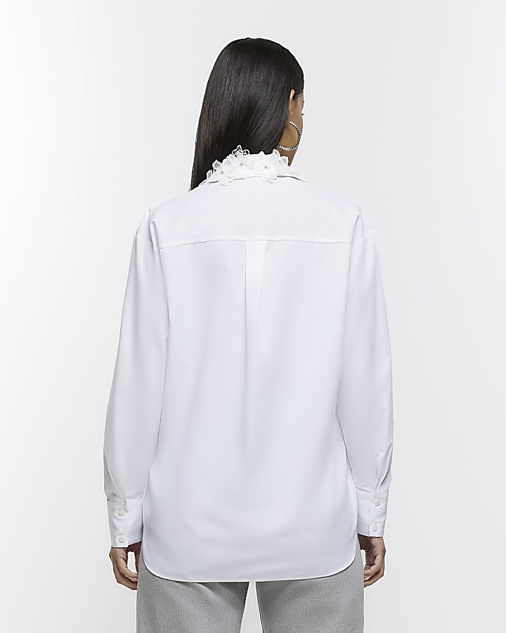 White floral collar long sleeve shirt