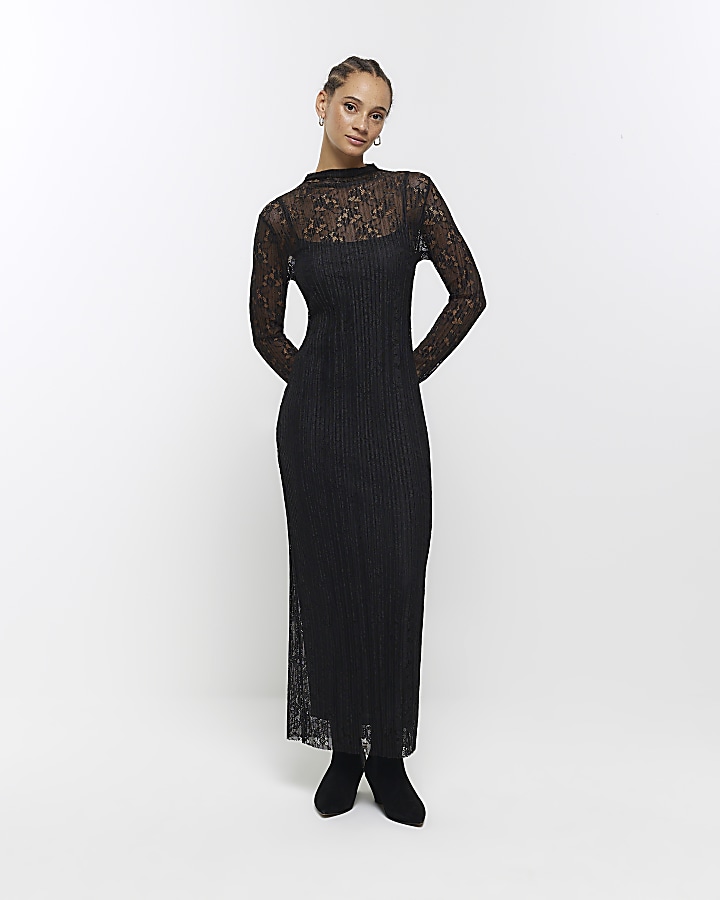 Black lace high neck midi clearance dress