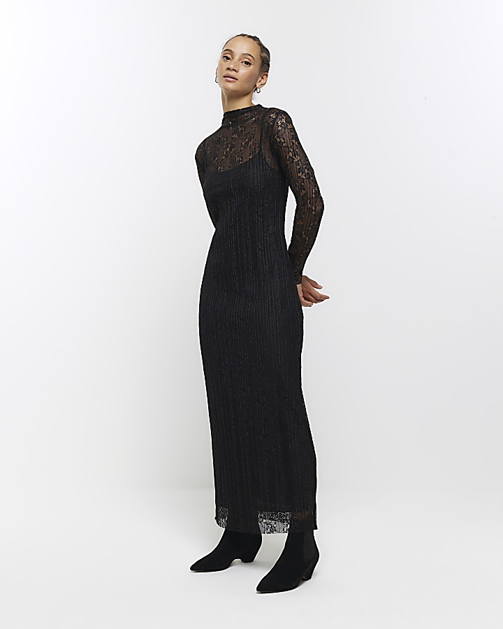 Black lace slip midi dress River Island