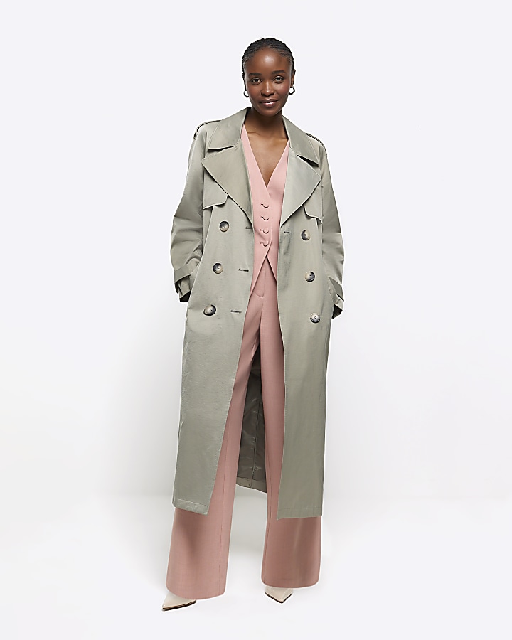 Khaki satin belted longline trench coat | River Island