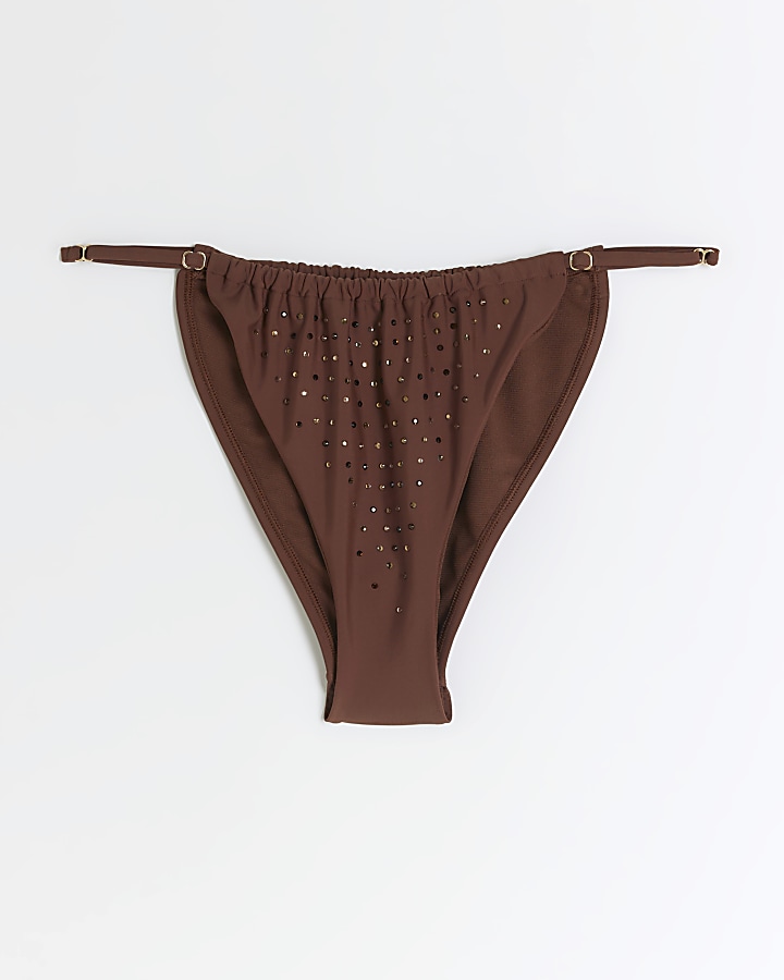 Brown low waist diamante bikini bottoms