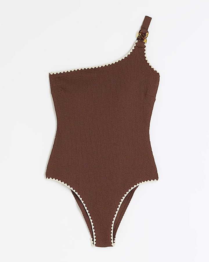 Brown whipstitch one shoulder swimsuit