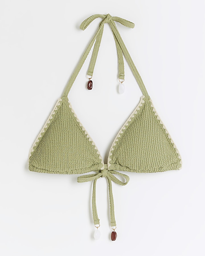 Khaki crinkle stitch triangle bikini top