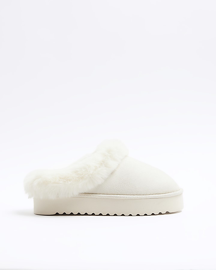 Cream faux fur platform slippers | River Island
