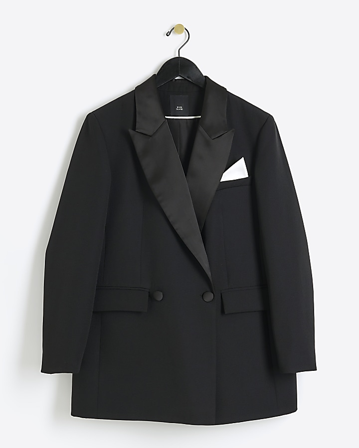 Black pocket square tuxedo jacket River Island