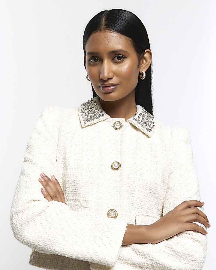 Cream embellished collar crop jacket River Island