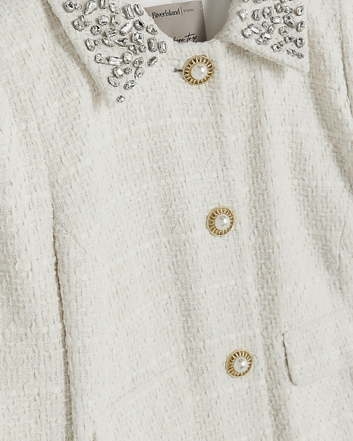 Cream embellished collar crop jacket River Island