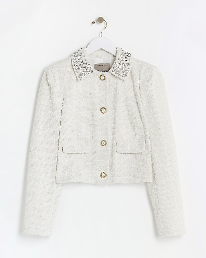 Cream embellished collar crop jacket