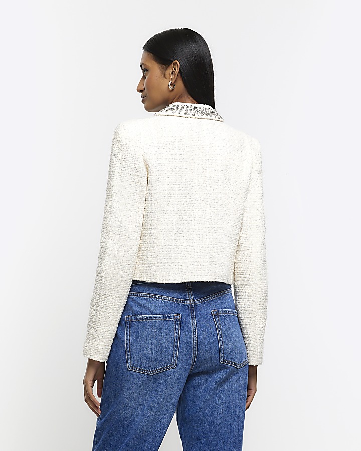 Cream embellished collar crop jacket River Island