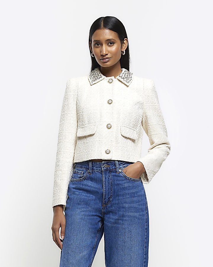 Cream embellished collar crop jacket