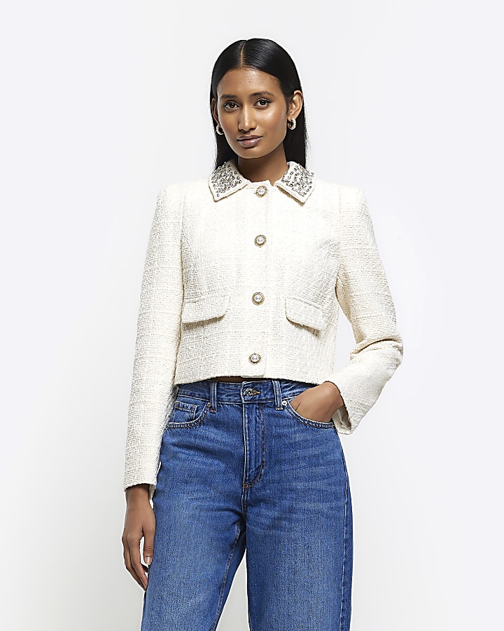 Cream embellished collar crop jacket | River Island