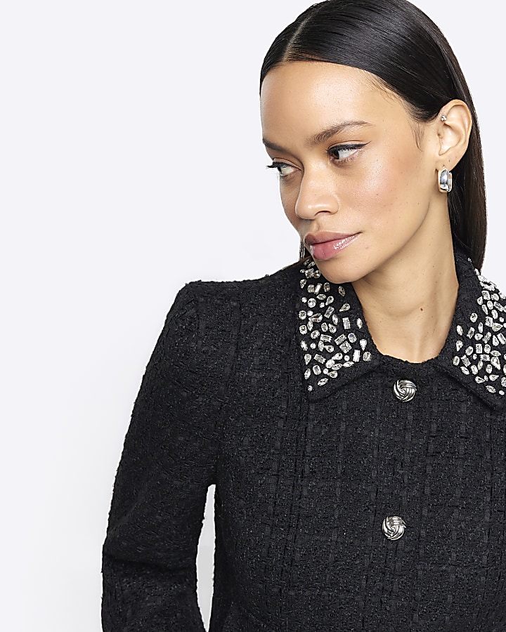 Black embellished collar crop jacket River Island