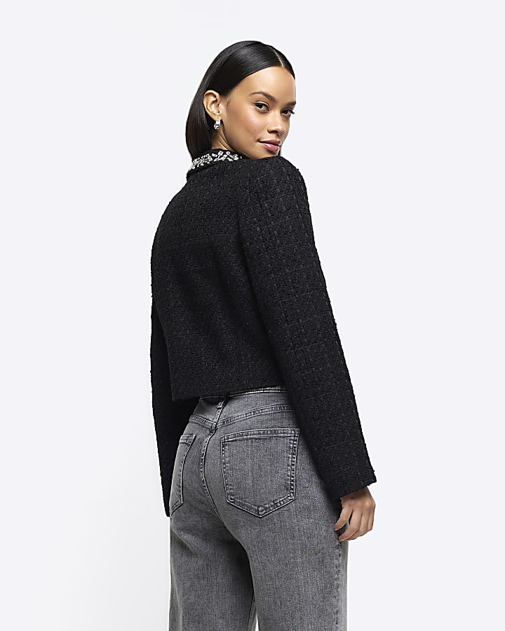 Black embellished collar crop jacket River Island