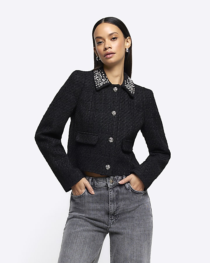 Black embellished collar crop jacket | River Island