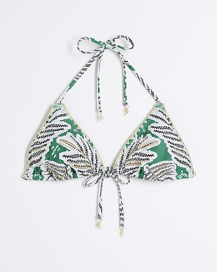 Green leaf print triangle bikini top