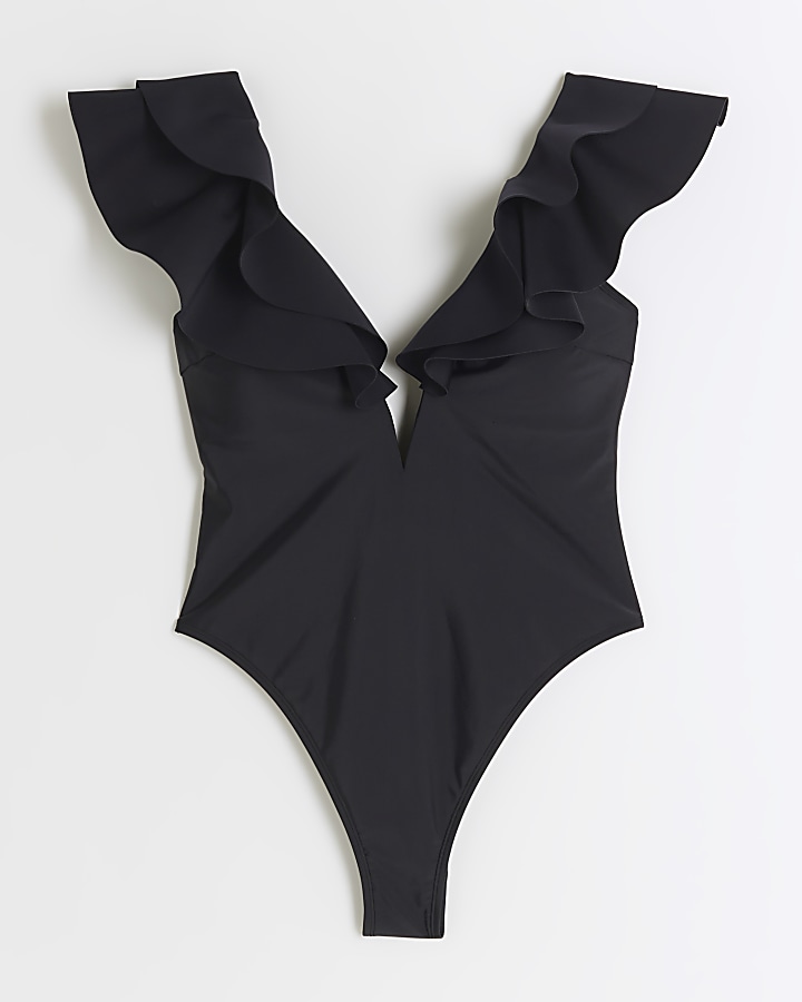 Black Frill Plunge Swimsuit