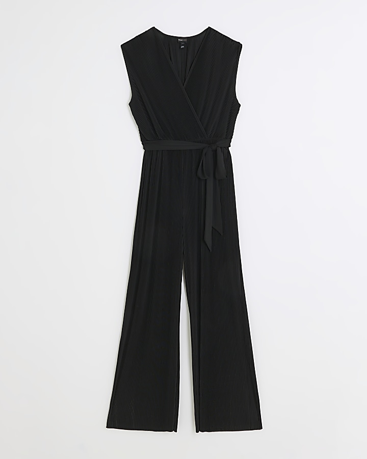 Black plisse wide leg wrap jumpsuit