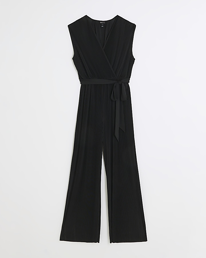 Black plisse wide leg wrap jumpsuit River Island