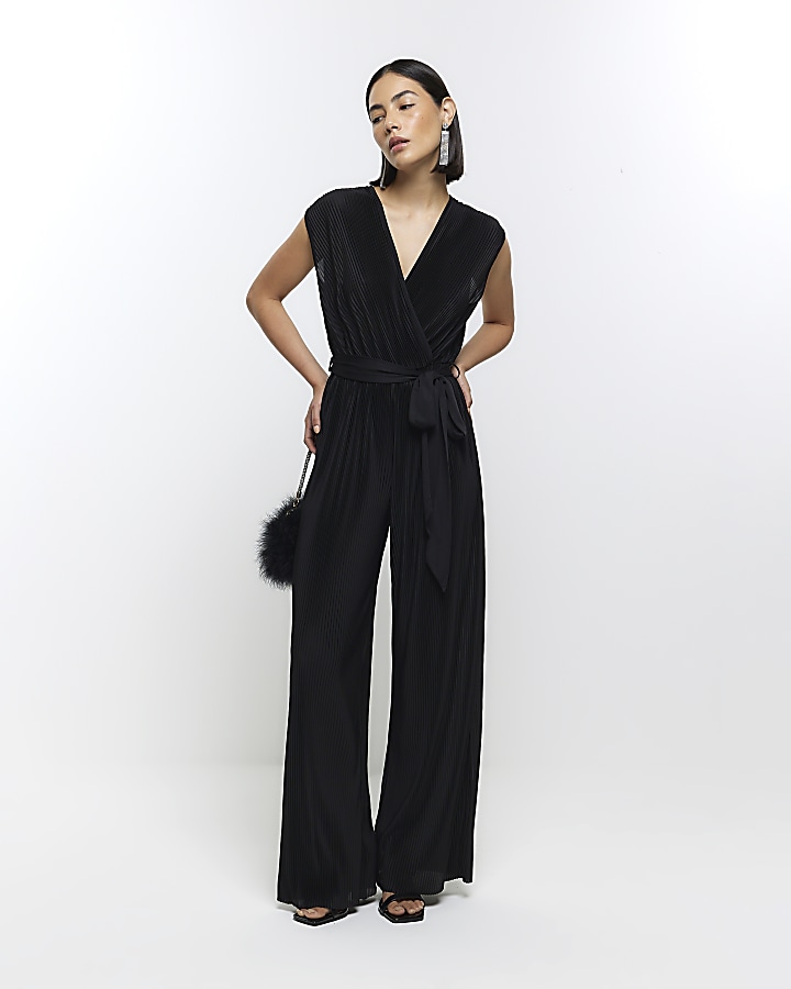 Black plisse wide leg wrap jumpsuit