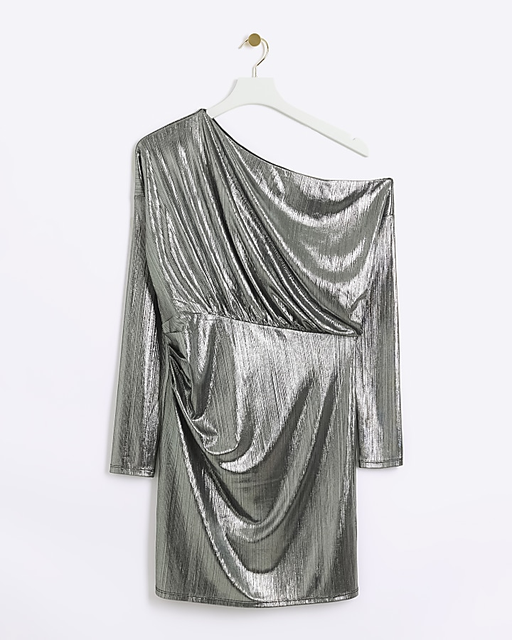 Silver drape asymmetric bodycon mini dress