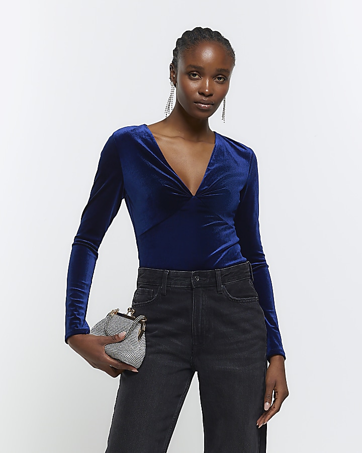 SABRINA Navy Blue Velvet Bodysuit. Blue Velvet Top. Long Sleeve