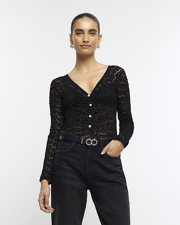 Black lace long sleeve bodysuit