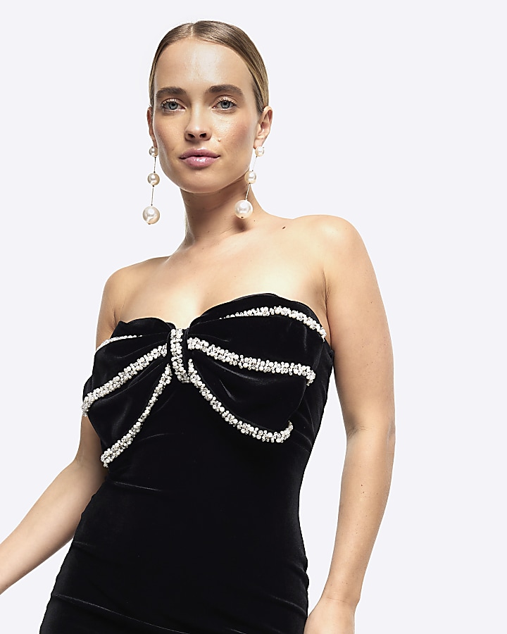 Black velvet pearl bow bandeau midi dress