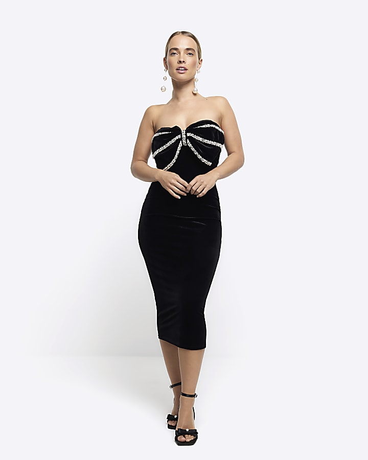 Black velvet pearl bow bandeau midi dress River Island