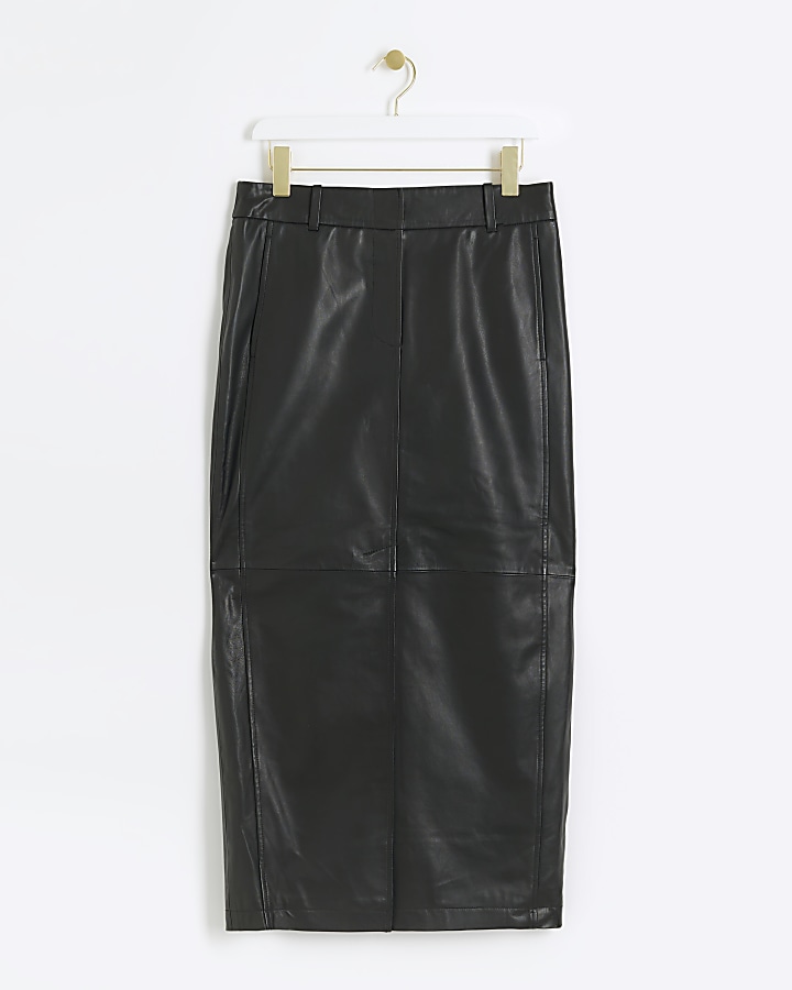 Black leather midi skirt