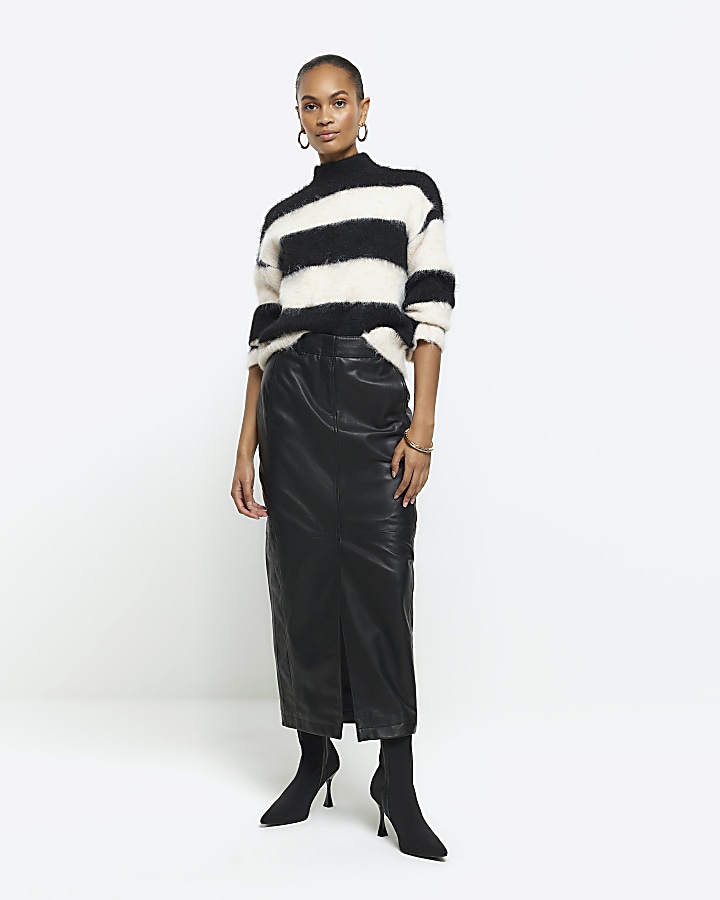 Black leather midi skirt River Island