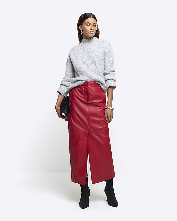 Dark red outlet leather midi skirt