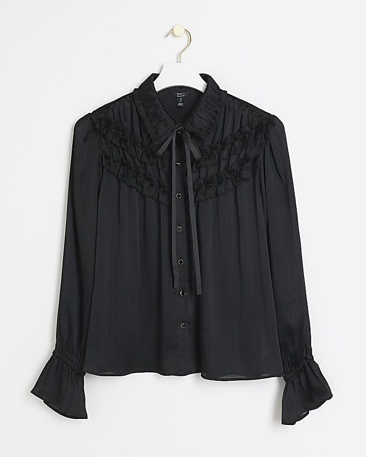 Black frill bow detail blouse | River Island