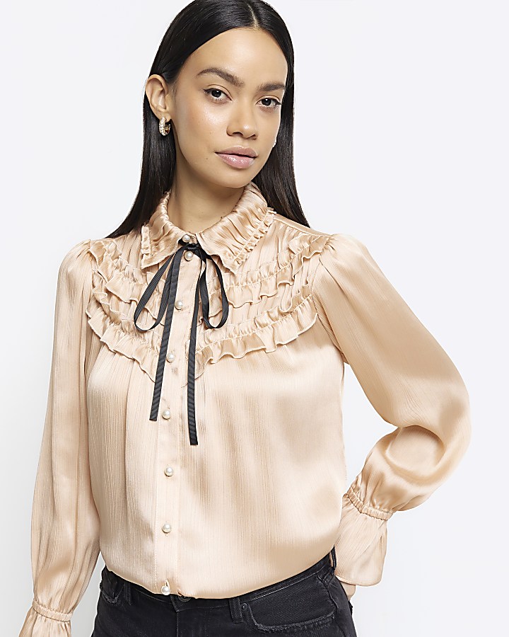 Pink frill bow detail blouse
