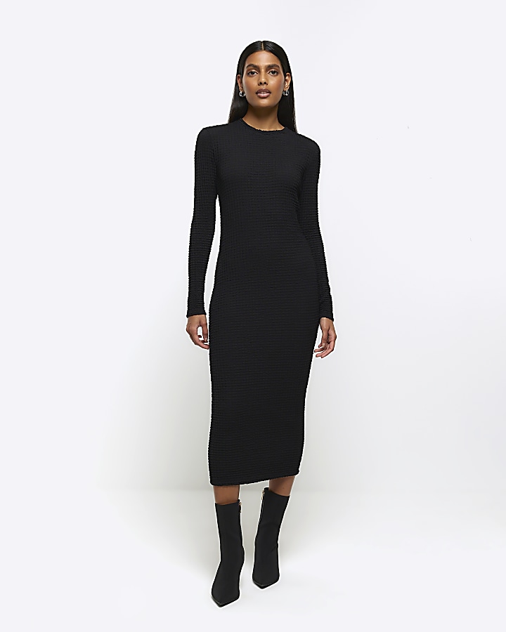 Black textured bodycon midi dress