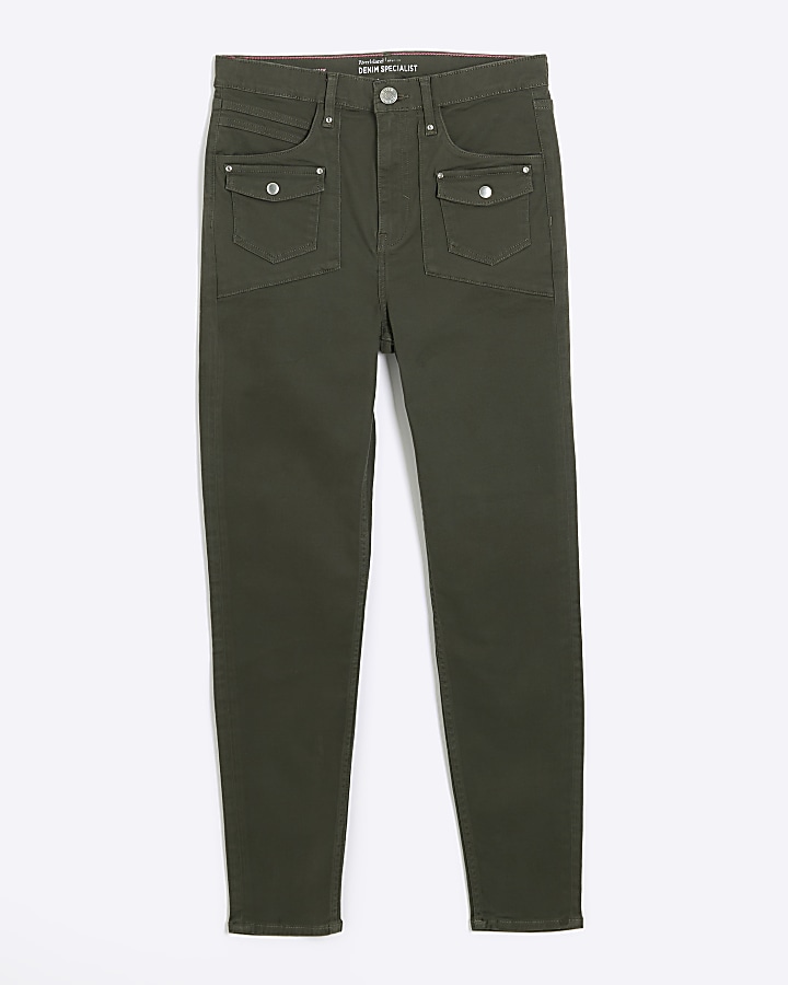 Khaki high waisted skinny cargo jeans