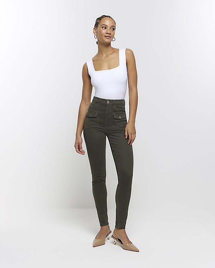 Khaki skinny jeans high 2024 waisted