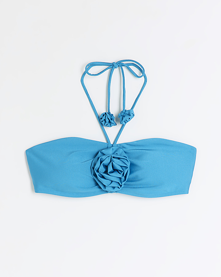 Blue corsage halter bikini top