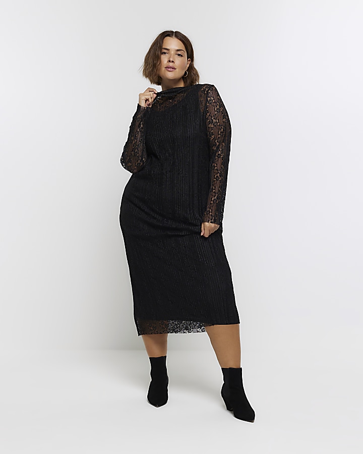 Plus black lace slip midi dress River Island
