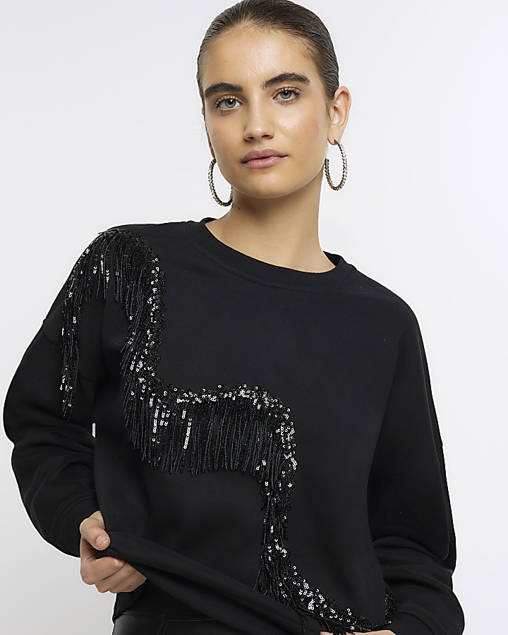 Black diamante fringe sweatshirt | River Island