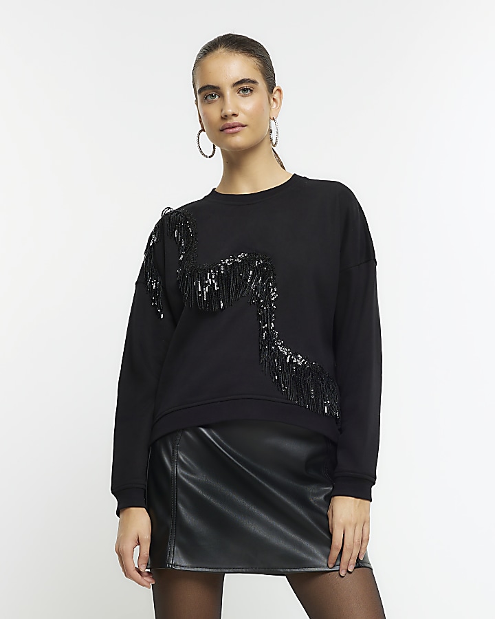 Black diamante fringe sweatshirt | River Island