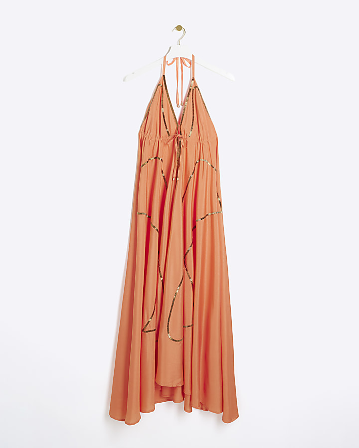Coral embellished plunge beach maxi dress