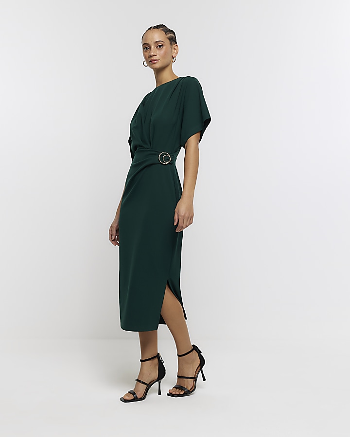 Green buckle wrap bodycon midi dress