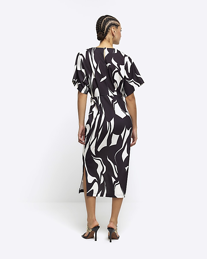 Black abstract wrap bodycon midi dress