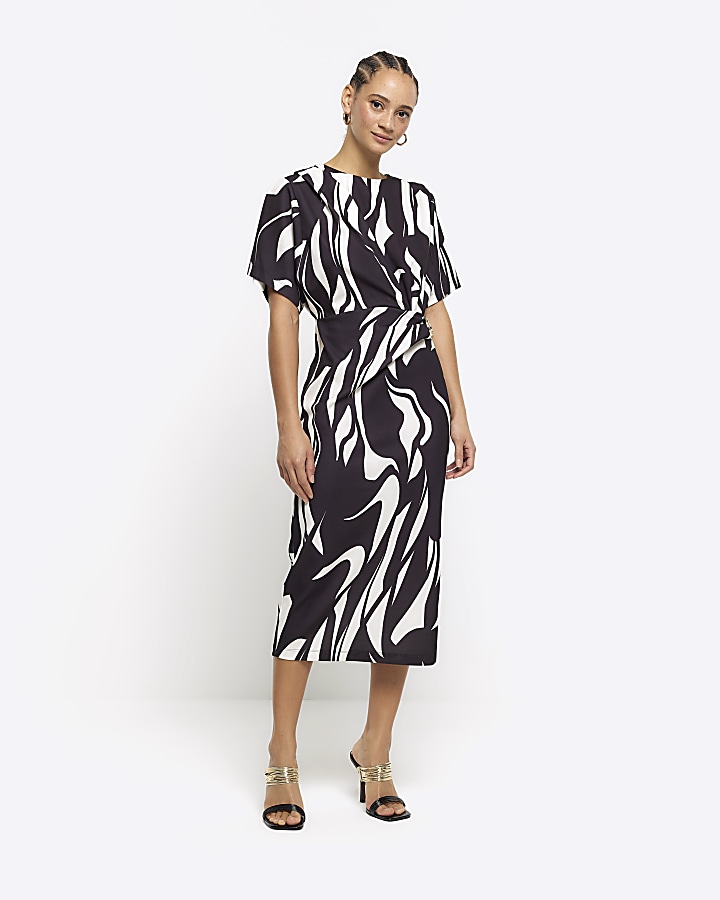 Black abstract wrap bodycon midi dress