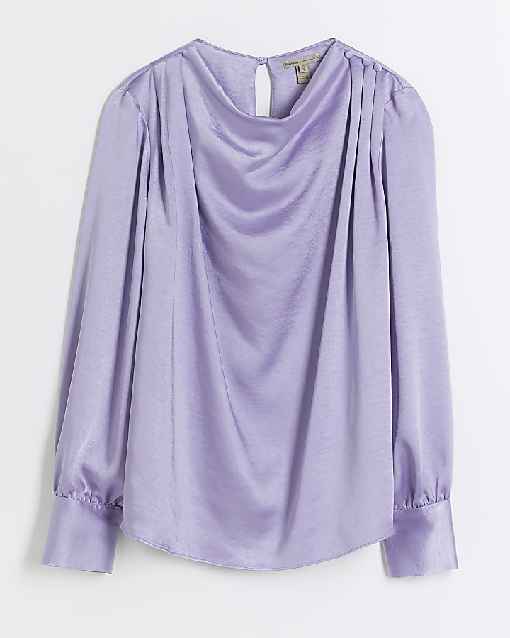 Purple satin cowl neck blouse