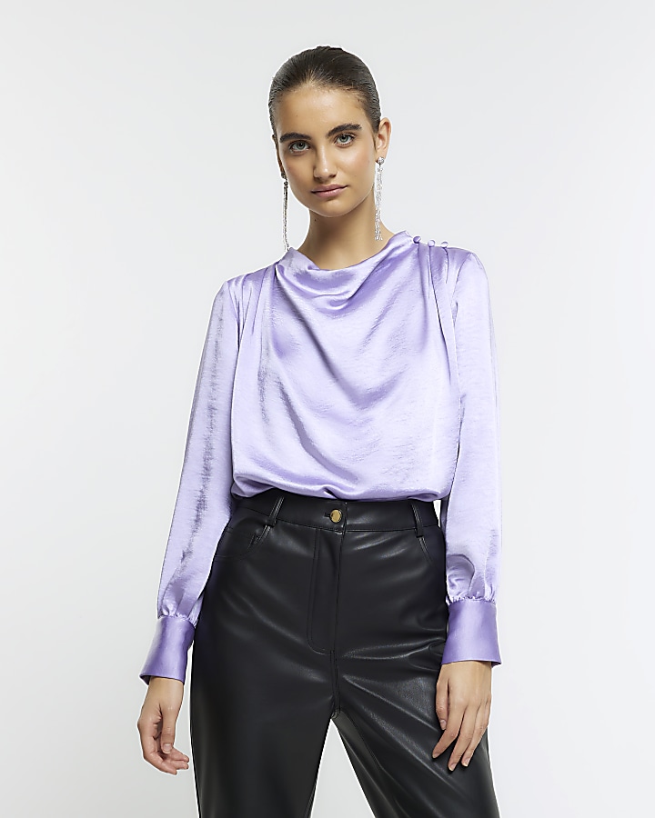 Purple satin cowl neck blouse
